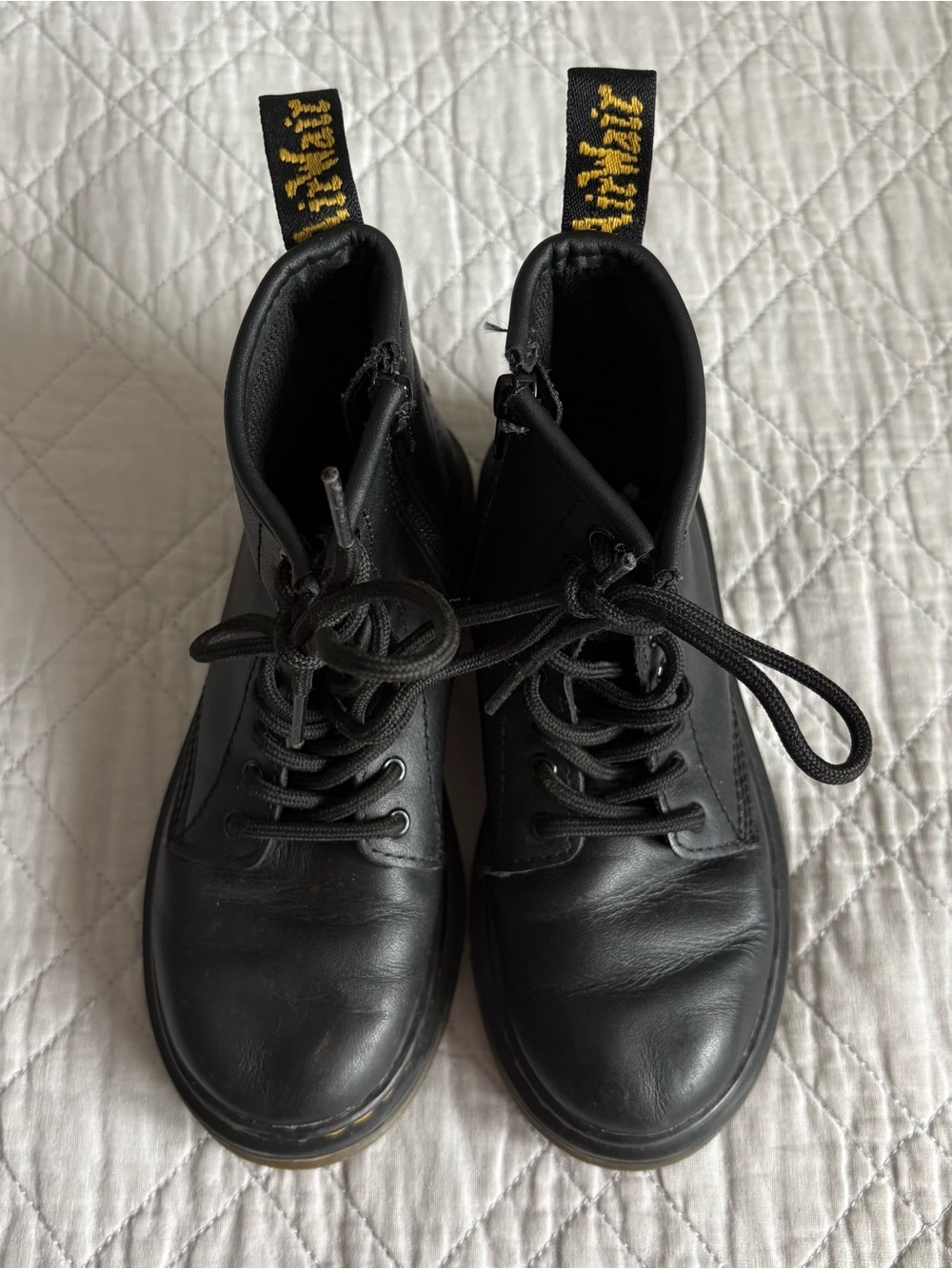 Dr. Martens Kids Black Leather Lace-Up Boots with Yellow Heel Loop